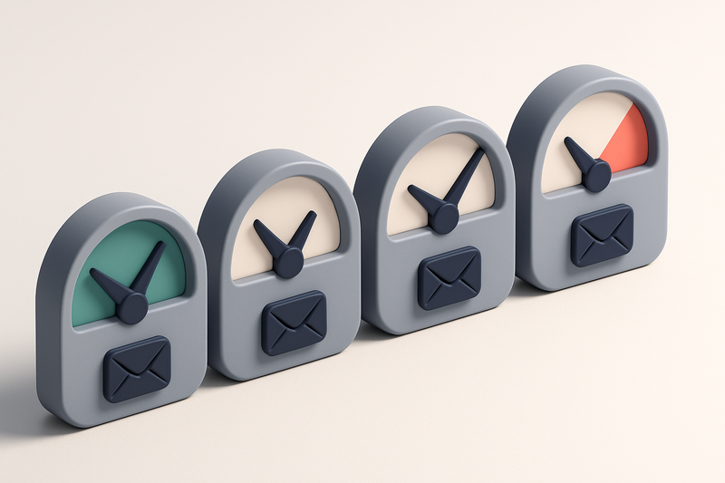 A row of four gauges showing clean, verified, risky, and invalid email statuses