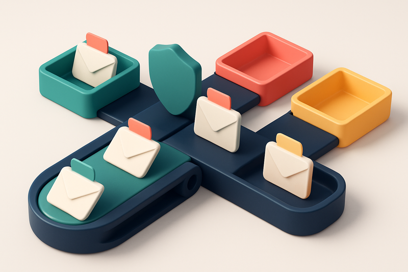 An isometric illustration of a conveyor belt delivering envelopes labeled as 'Valid', 'Invalid', 'Catch-All', and 'Risky