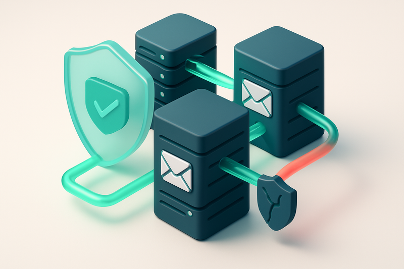 an isometric email server cluster with green data streams flowing between machines, surrounded by a transparent shield l