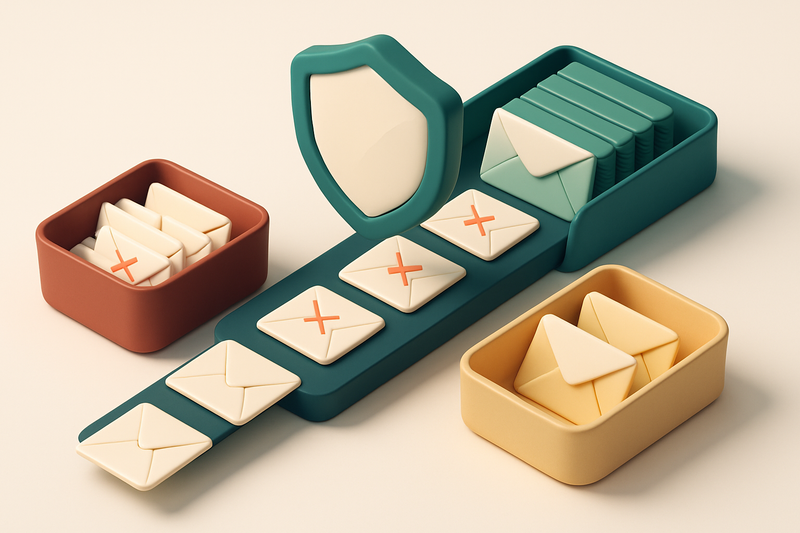 An isometric email inbox with hundreds of envelopes being sorted: green 'valid' envelopes stacked on a clean tray, red '