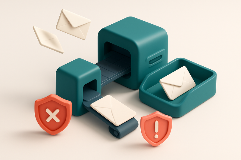 An isometric email inbox with envelopes flying toward it, some landing on a green 'valid' tray, others being blocked by