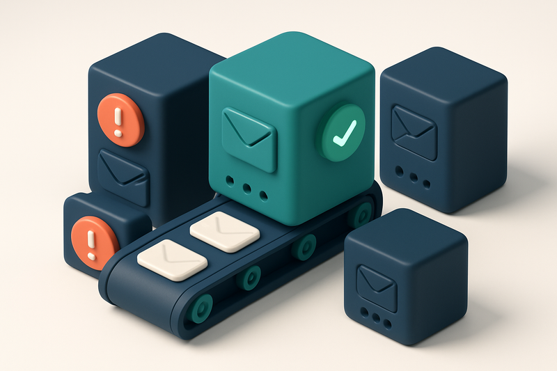 an isometric email server stack with red 'blacklisted' warning tags on two servers, a green 'valid' tag on one, and a co