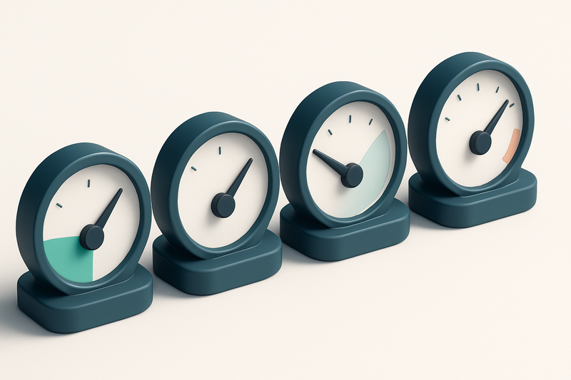 a row of four gauges with different settings—each indicating a different validation status (Valid, Invalid, Catch-all, R
