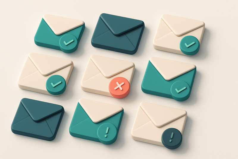 a grid of envelope icons with varying checkmark statuses (valid, invalid, risky)
