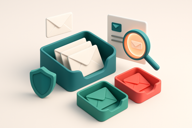Hero: an isometric view of a central inbox with envelopes being sorted into three trays—green 'delivers', red 'bounces',