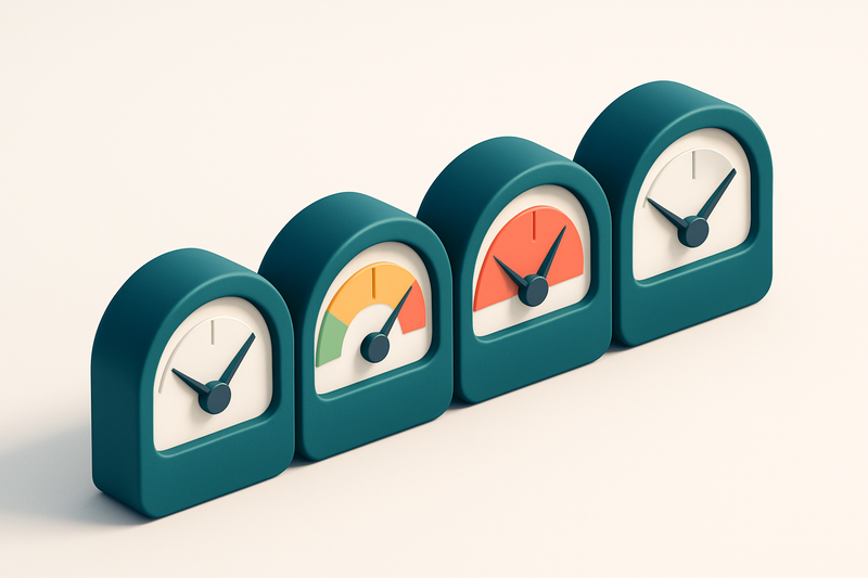 a row of four gauges with colored indicators (green, yellow, red, gray)