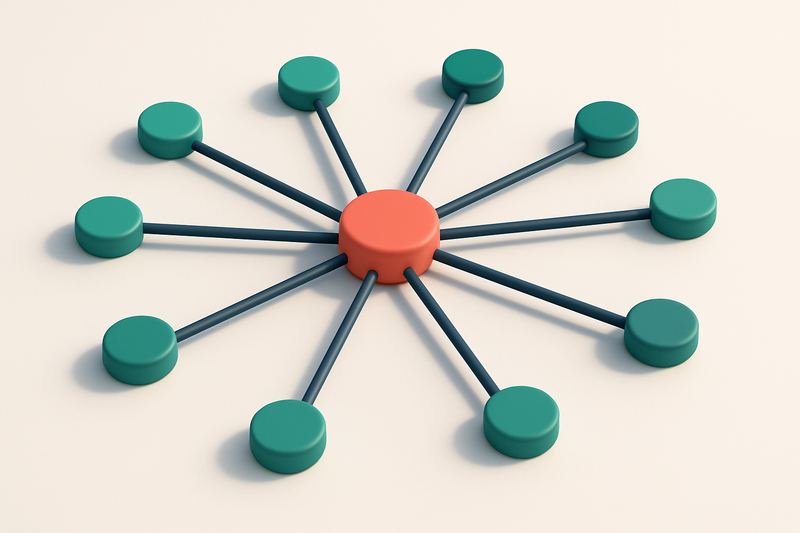 A network of small circular nodes connected by lines with a single red node at the center