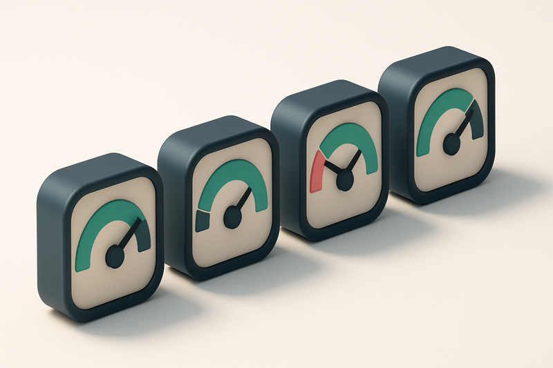 a row of four gauges showing delivery, validity, risk, and reputation metrics