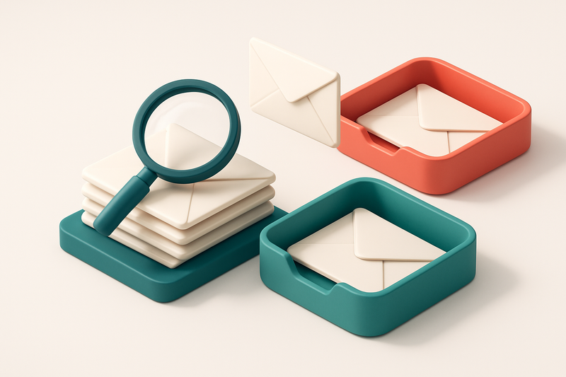 an isometric email inbox with envelopes being sorted onto a green 'valid' tray and a red 'invalid' tray, a magnifying gl