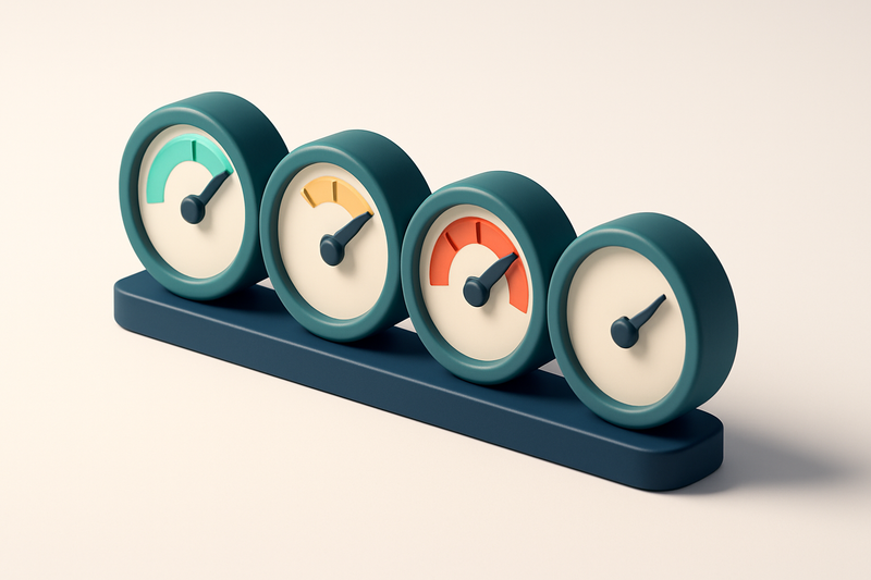 a row of four gauges, each showing a different status: green (valid), yellow (risky), red (invalid), gray (catch-all)