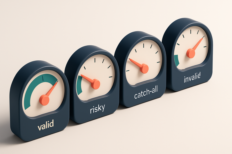 a row of four gauges labeled 'valid', 'risky', 'catch-all', 'invalid' with different needle positions