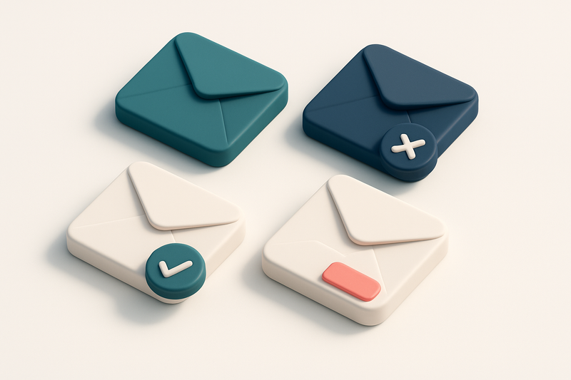 A grid of envelope icons, each with a different status: one with a checkmark (valid), one with an 'X' (invalid), one wit