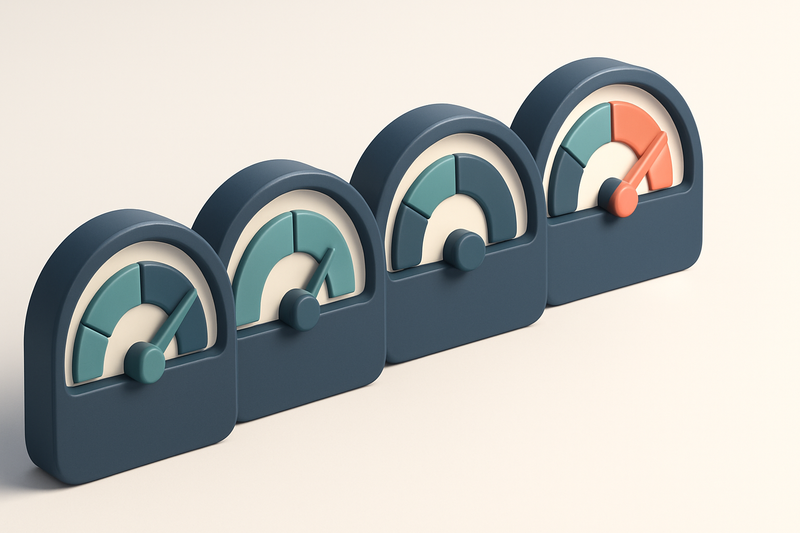a row of four gauges showing inbox placement %, bounce rate, sender reputation, and content score