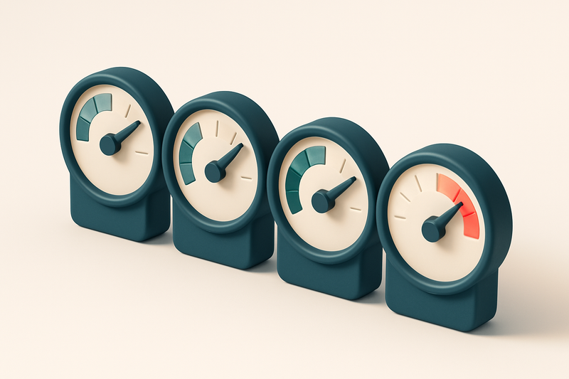 a row of four gauge dials, each measuring a different deliverability factor (bounce rate, domain reputation, spam score,