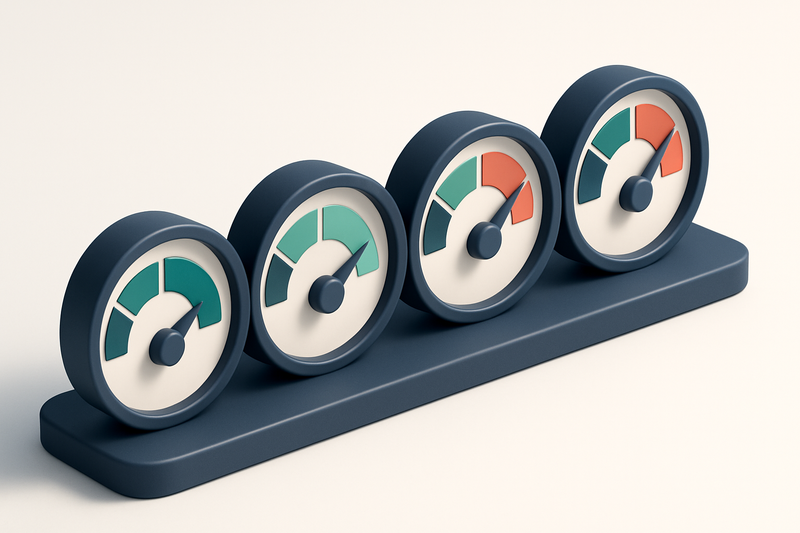 a row of four gauge dials, each showing different levels of list health