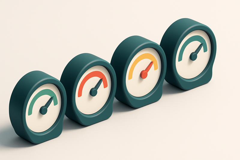 a row of four gauges showing validation status: green (valid), red (invalid), yellow (risky), blue (catch-all)