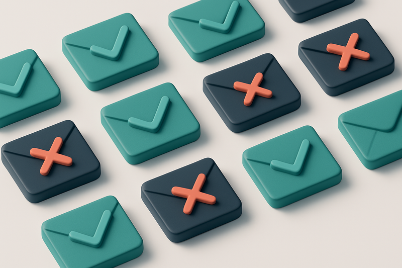 a grid of envelope icons with checkmarks and red X’s