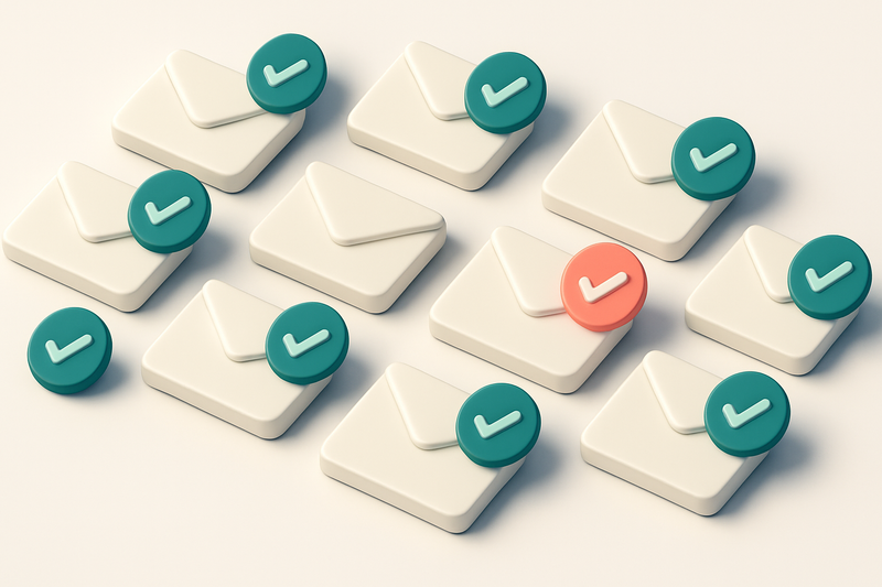 a grid of envelope icons, each with a checkmark overlay