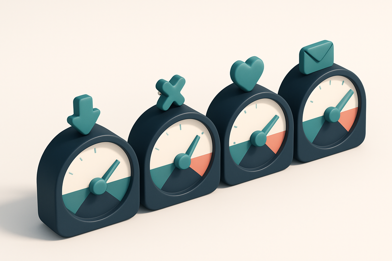 a row of four gauges showing bounce rate, spam complaint rate, engagement, and inbox placement