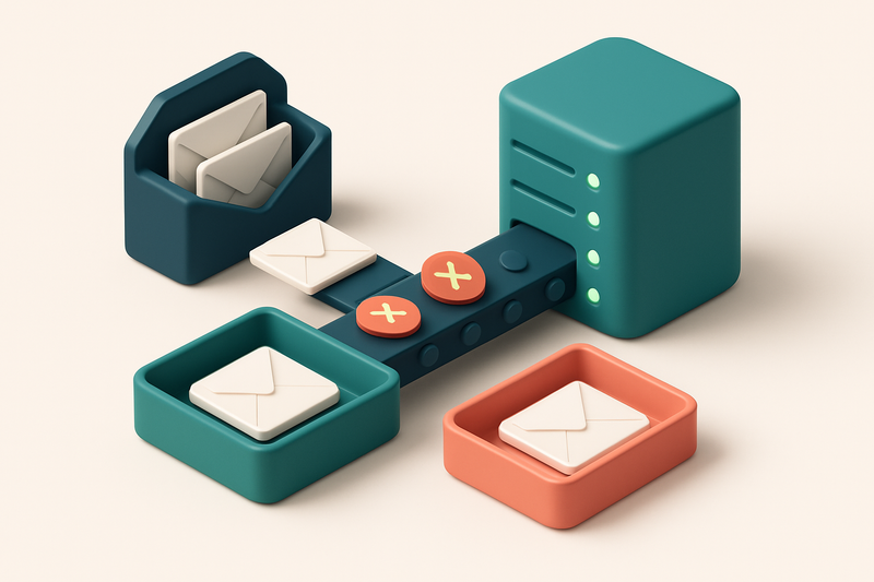 An isometric email inbox with envelopes being sorted onto a green 'valid' tray and a red 'invalid' tray, a server hummin