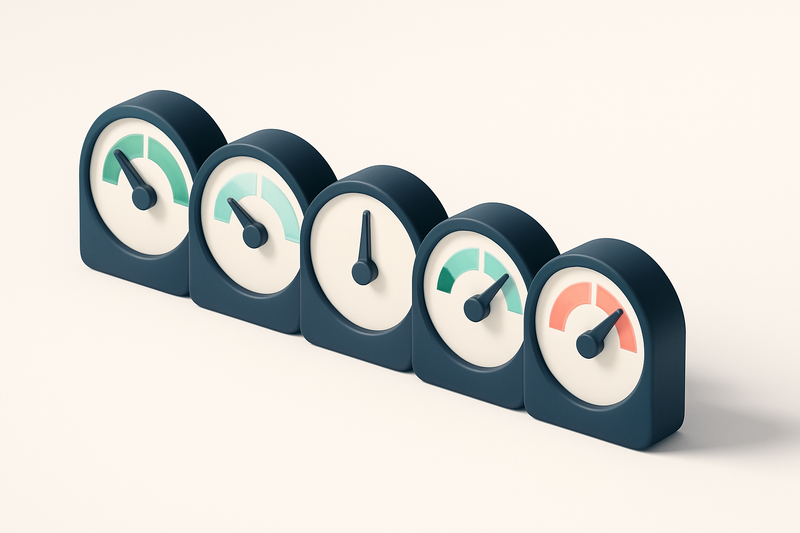 a row of five gauges with different color indicators