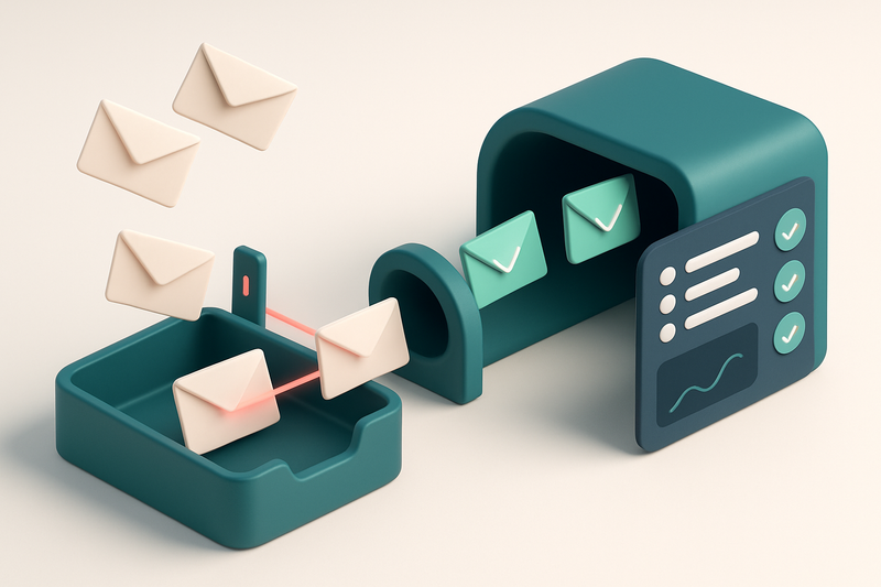 an isometric inbox with envelopes labeled 'Invalid', 'Catch-All', and 'Risky' being scanned by a red laser, while only g