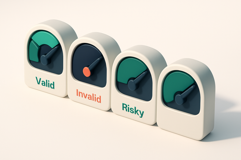 a row of four gauges labeled 'Valid', 'Invalid', 'Catch-all', 'Risky' with colored indicators