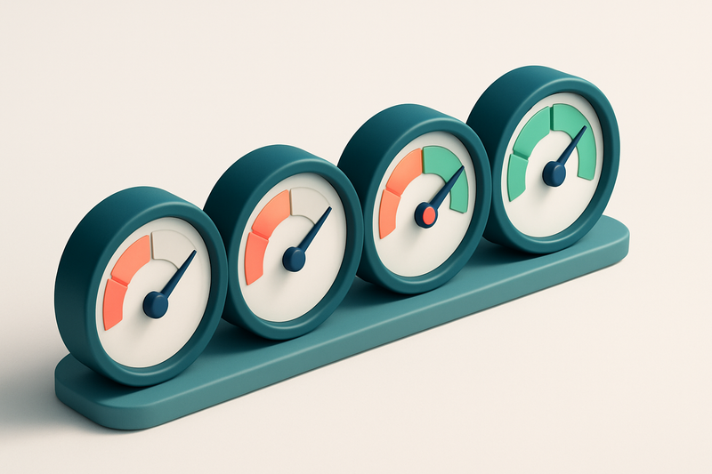 A row of four gauges showing status from red to green, with one needle in the 'valid' zone