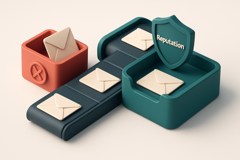An isometric inbox with envelopes moving along a conveyor belt, some rejected to a red 'invalid' bin while others pass i