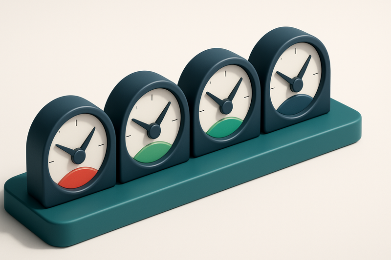 a row of four gauges, each showing different validation status: red (invalid), yellow (risky), green (valid), blue (catc