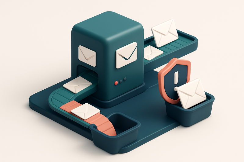 an isometric email server room with a green conveyor belt sending envelopes into a 'Valid' inbox tray, a red belt carryi