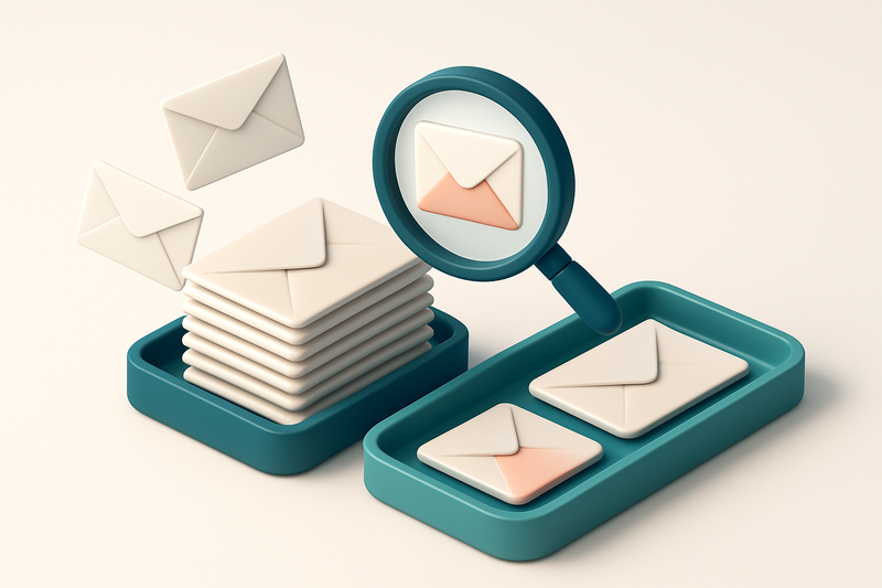 an isometric email inbox with envelopes being sorted onto a green 'valid' tray and a red 'invalid' tray, a magnifying gl