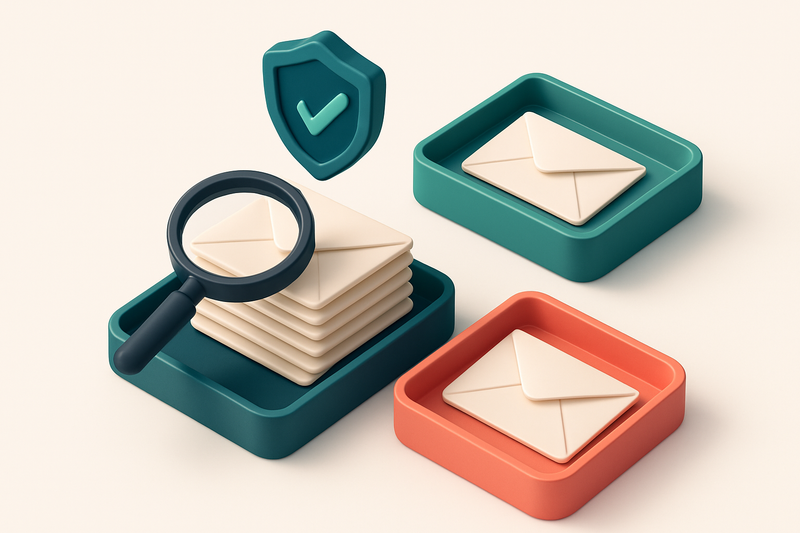 an isometric email inbox with envelopes being sorted onto a green 'valid' tray and a red 'invalid' tray, a magnifying gl