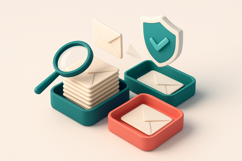 An isometric email inbox with envelopes being sorted onto a green 'valid' tray and a red 'invalid' tray, a magnifying gl