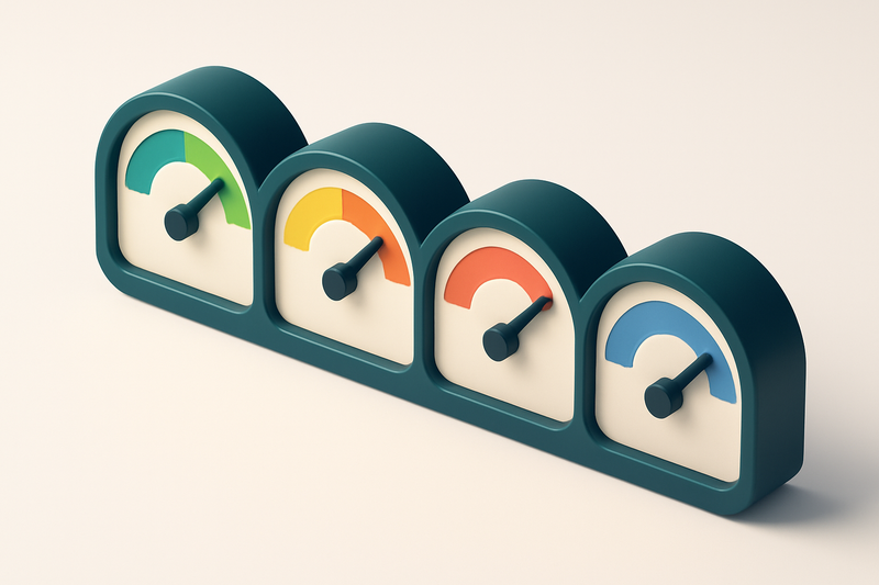 a row of four gauges, each showing a different status: green (valid), yellow (risky), red (invalid), blue (catch-all)