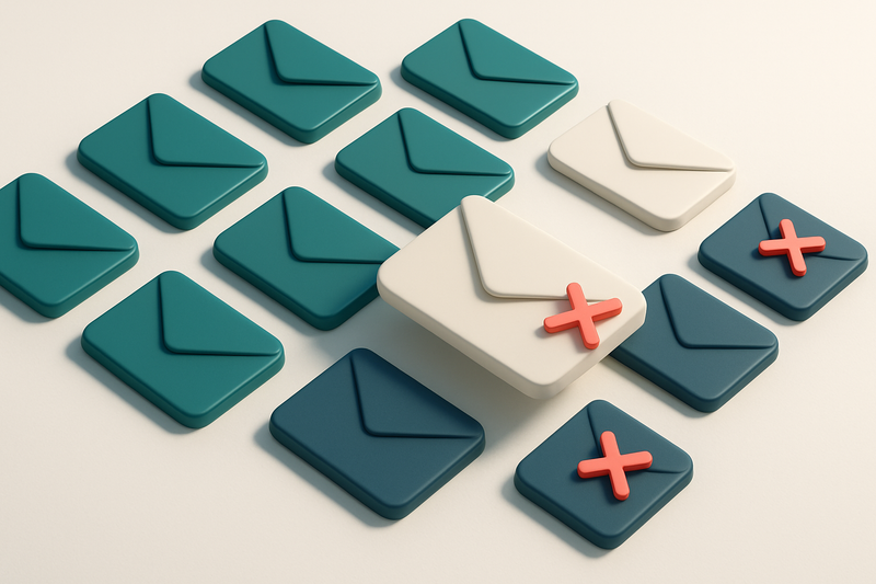 a grid of envelope icons with small red X marks on a few