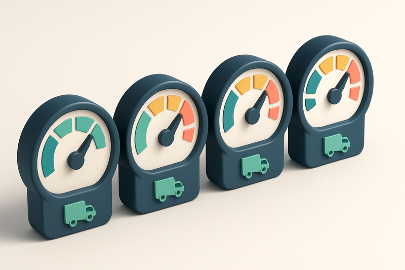 a row of four gauges showing real-time delivery status (green/yellow/red)