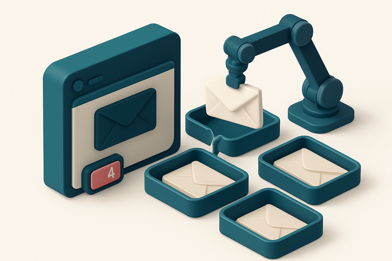 An isometric email inbox with physical envelopes labeled 'valid', 'invalid', 'catch-all', and 'risky' being sorted onto