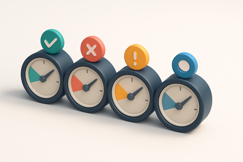a row of four gauges showing verification status: green (valid), red (invalid), yellow (risky), blue (catch-all)
