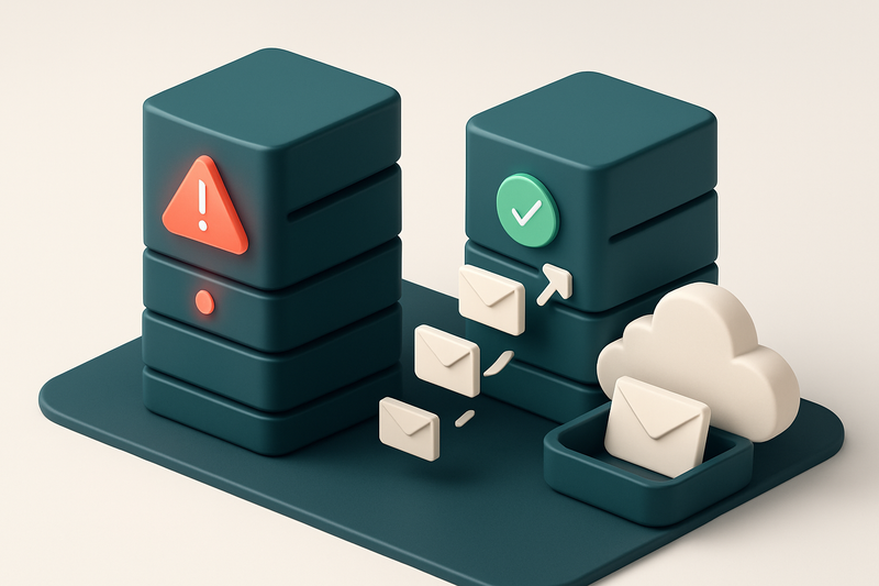 An isometric digital server farm with glowing red warning lights on one server labeled 'SPF Missing', while another serv