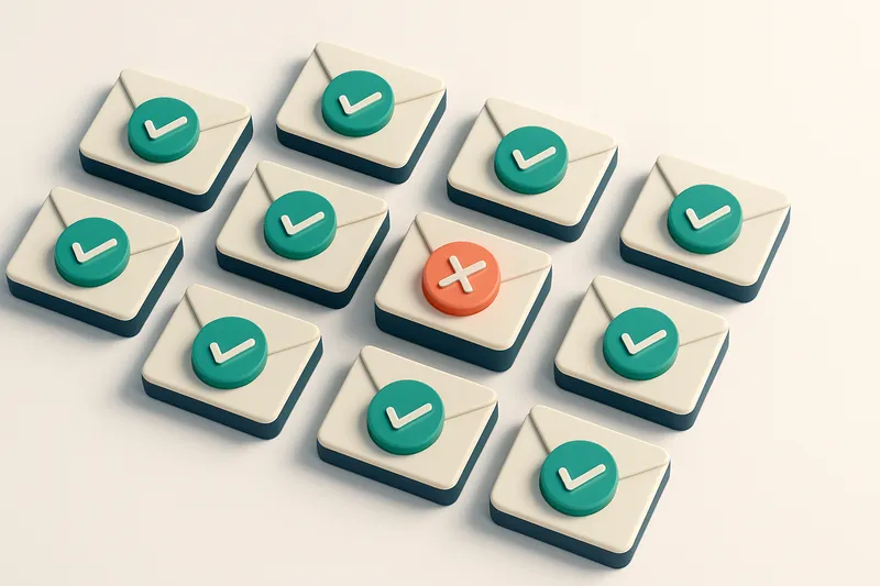 a grid of envelope icons with checkmarks inside, one with a red X