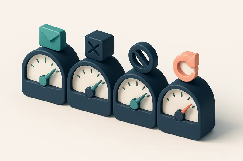 a row of four gauges showing delivery status: inbox, spam, blocked, and bounced