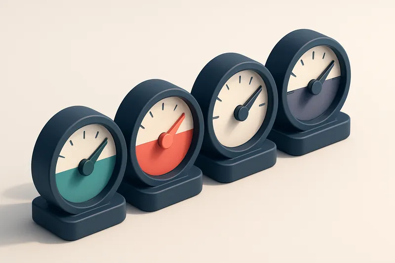 a row of four gauges with different colored dials indicating verification status (valid, invalid, catch-all, risky)