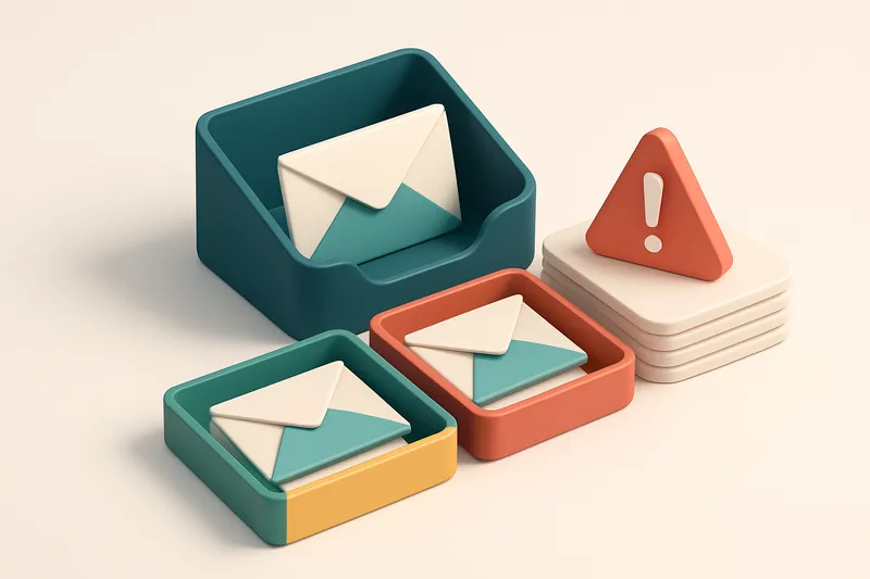An isometric email inbox with envelopes sorted into three trays: green 'valid', red 'invalid', yellow 'risky', and a red