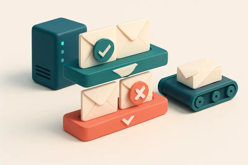 an isometric email inbox with envelopes being sorted onto two shelves: one green labeled 'valid' with checkmarks, one re
