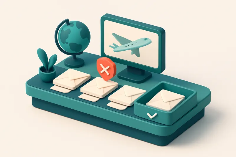 An isometric illustration of a travel agency desk with a conveyor belt feeding in paper envelopes labeled 'info@', 'sale