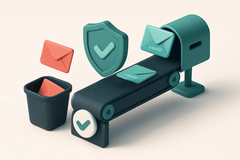 An isometric desktop view of a digital inbox with envelopes labeled with email addresses being scanned by a shield-shape