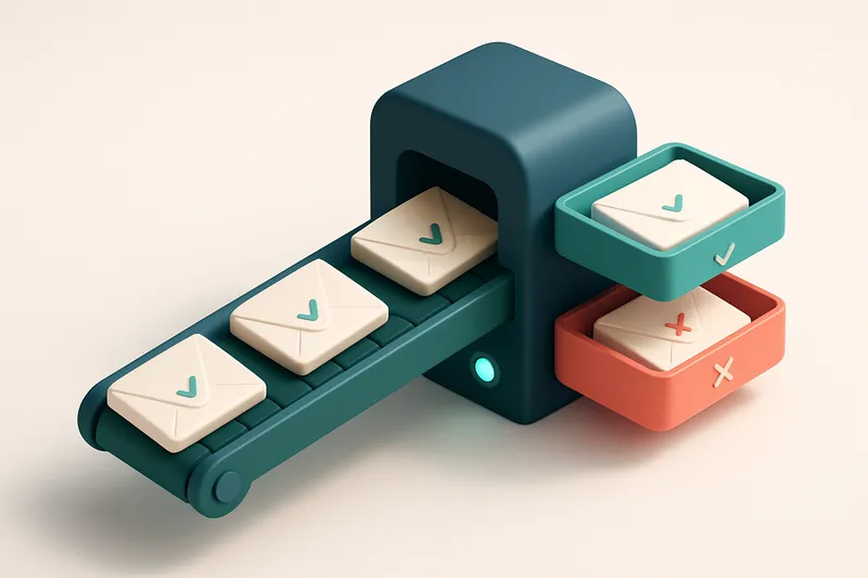 Hero: an isometric view of a digital email list flowing through a conveyor belt into a validation machine with a green '