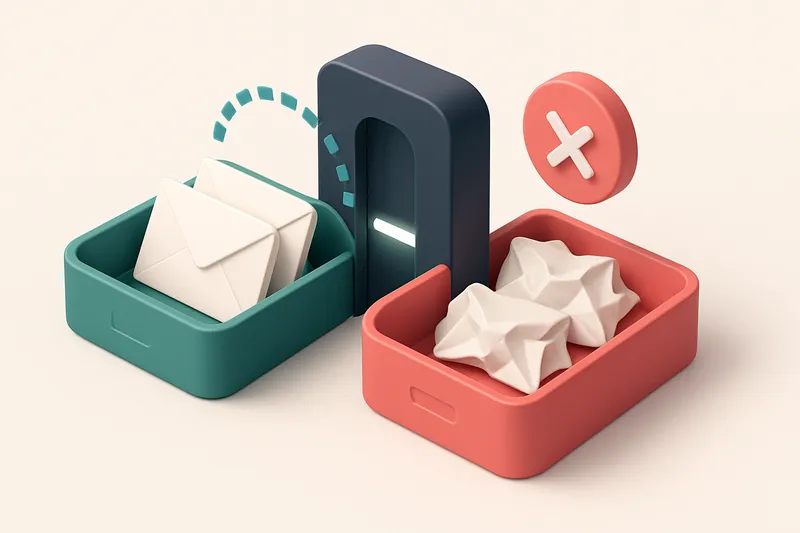 an isometric email inbox split into two sections: one green tray labeled 'valid' with crisp envelopes, one red tray labe