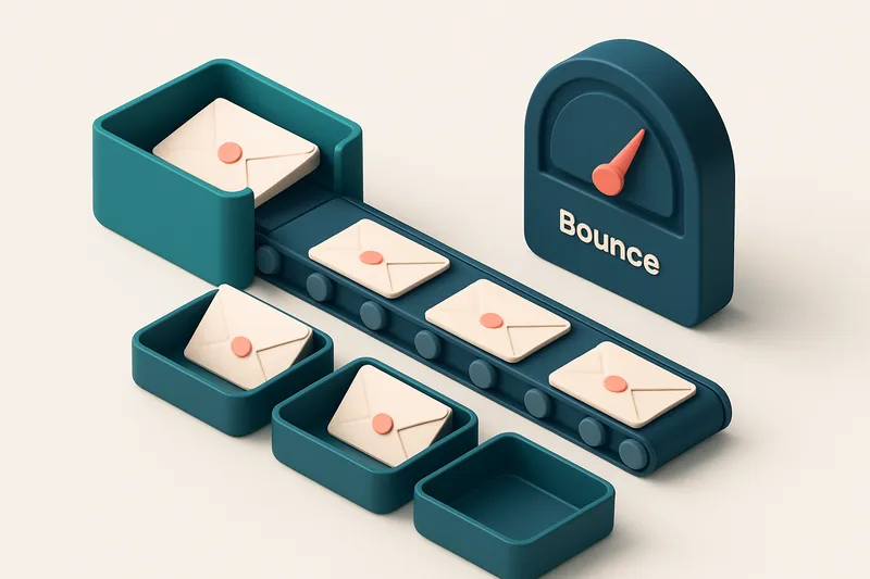 An isometric email inbox with envelopes labeled 'Valid', 'Invalid', 'Catch-all', and 'Risky' being sorted by a conveyor